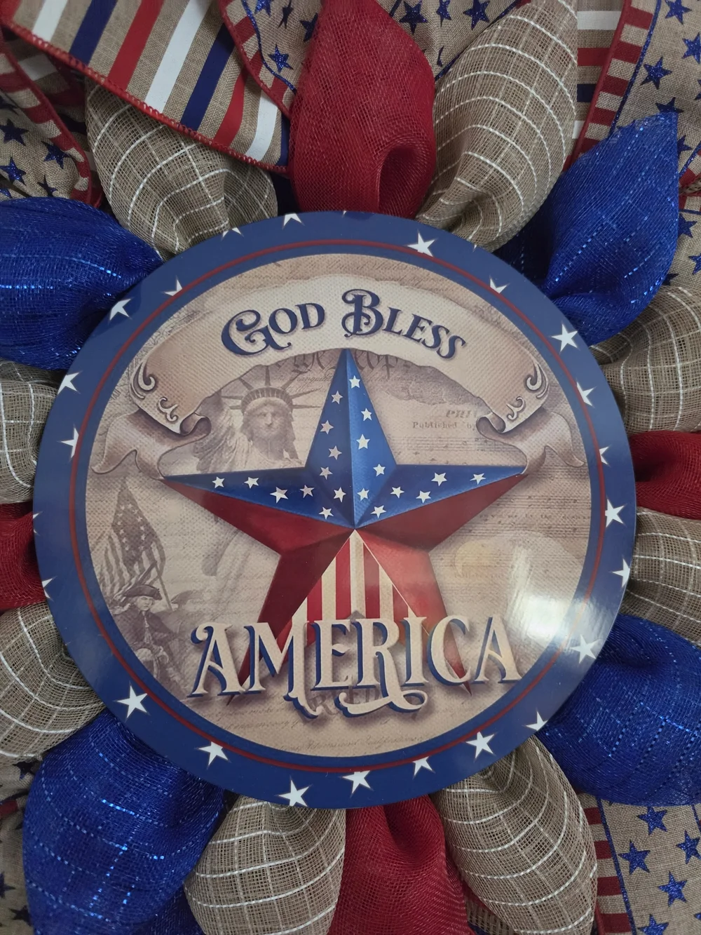 Patriotic Red, Blue & Tan 'God Bless America' Holiday Wreath